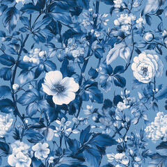 Obraz premium French floral toile blue and white vintage, illustration.
