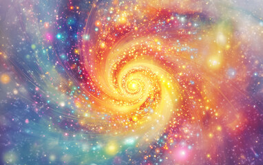 Fototapeta premium Captivating Swirling Galaxy with a Central Spiral and Glowing Sun, Enhanced by a Rainbow Mandala of Life Symbolism, Radiating Swirling Patterns and Colorful Light Dots 