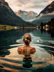 Fototapeta premium Woman with blonde hair in bun, wearing bikini, floating on calm Scandinavian lake in front of mountains.