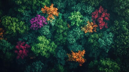 Rear view of a vibrant fantasy forest, wildlife thriving, showcasing the beauty of conservation, captured with a drones perspective