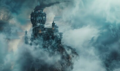 Enchanted wizard's tower amidst swirling mists, 4K hyperrealistic photo