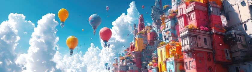 Obraz premium Tilted angle view of a surreal cityscape, vibrant colors blending fantasy and reality, whimsical architecture and floating islands