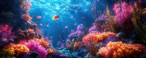 Fototapeta premium Tilted angle view, vibrant coral reefs, whimsical sea creatures, enchanting bioluminescent glow, dreamlike underwater fantasy