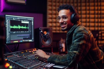 A skilled podcaster enthusiastically speaks into a microphone, adjusting sound equipment in a well-organized recording studio. Generative AI