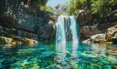 Naklejka premium Serene waterfall cascading into a crystal-clear pool, 4K hyperrealistic photo.
