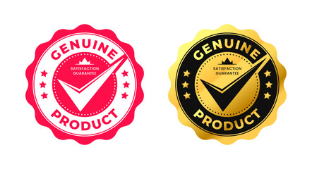 Genuine Product vector premium circle gold label with check mark. for products icon, logo, label, insigna, seal, tag, sign, seal, symbol, badge, stamp, sticker, emblem, banner, design