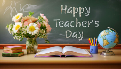 Celebrating Educators: Happy Teacher’s Day Classroom Setting with Books and Globe