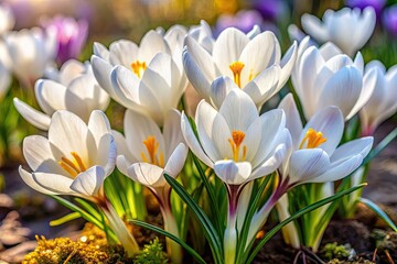 Obraz premium Elegant white crocus blossoms grace a spring garden, captivating nature and floral photography fans with their exquisite charm and the essence of seasonal beauty.