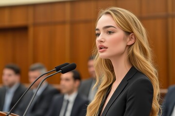 Young woman testifying at a congressional hearing addressing important issues impacting her generation in Washington, D.C. on October 12, 2023
