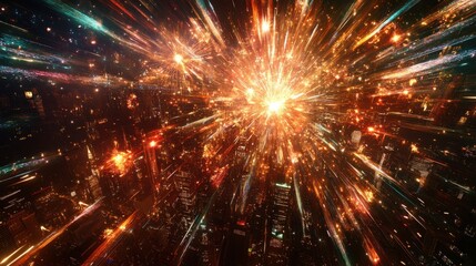 Fireworks exploding in a starburst pattern over a modern cityscape for New Year 2025