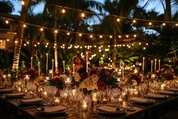 Naklejka premium A couple celebrates their anniversary at a romantic dinner party surrounded by beautiful decorations and soft lighting under the stars