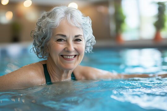 A senior woman enjoying her time in a swimming pool as she prepares to get out after a refreshing swim on a sunny day