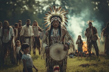 Native American men gather for a traditional Pow Wow celebration featuring drumming, dancing, and cultural expressions in a vibrant outdoor setting