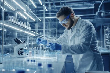 A scientist in a lab coat and goggles is meticulously managing test tubes and samples, ensuring safety and precision in research. Generative AI