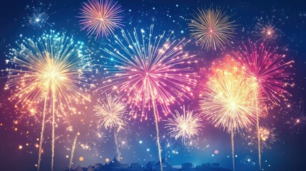 Beautiful fireworks display with colorful explosions over a quiet village for New Year 2025