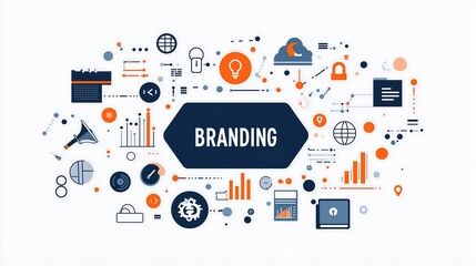 Online branding. At the center is a large, stylized tag icon with the word "BRANDING" written on it. Icons, including a megaphone symbolizing marketing