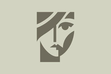 Female face in cubism style. Abstract vector logo, emblem, sign