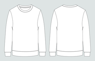 Long sleeve round neck t shirt overall technical fashion flat sketch vector illustration template front and back views isolated on white background. Cotton jersey apparel design mock up.