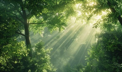 Fototapeta premium Verdant forest canopy illuminated by morning sunlight, 4K hyperrealistic photo