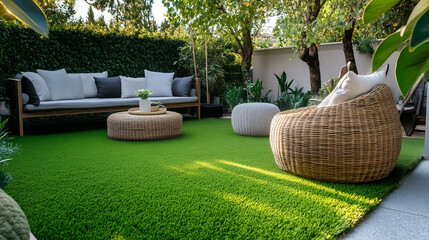 Naklejka premium Pięknie ułożona sztuczna trawa, która emanuje intensywną zielenią. Włókna trawy są gęste i miękkie w dotyku, co sprawia, że wygląda naturalnie i zachęcająco. 