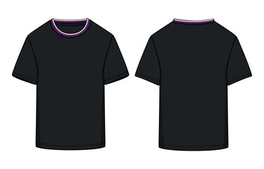 Short sleeve T shirt Technical Fashion flat sketch vector illustration  Black color template front and back views. Clothing design mock up for men's isolated on white background.