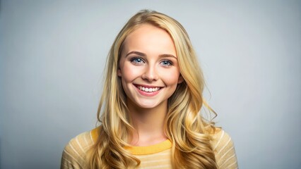 Fototapeta premium In a studio setting, a cheerful young blonde woman beams with a bright smile, showcasing a lively and