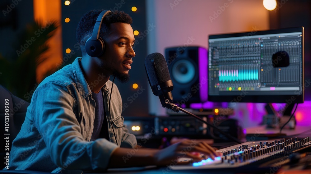 Aufkleber The podcaster speaks into a microphone, managing audio settings while captivating listeners in a lively studio atmosphere. Generative AI