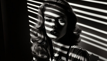 Use harsh, high-contrast black-and-white lighting to mimic the classic film noir aesthetic, with the subject dressed in vintage attire and framed in dramatic shadows cast by window blinds