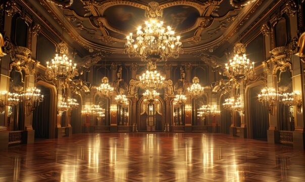 Elegant ballroom with grand chandeliers and dancers, 4K hyperrealistic photo.