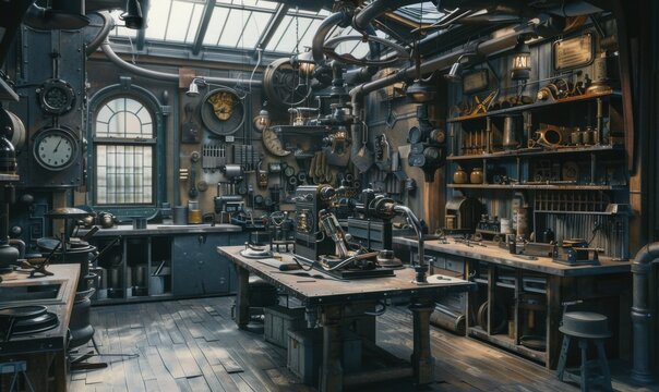 Vintage workshop with intricate steampunk designs, 4K hyperrealistic photo