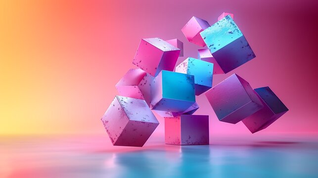 Vibrant 3D Cubes Float in a Dreamlike Gradient, a mesmerizing blend of pink, purple, and teal hues creating an ethereal and surreal atmosphere.  The textured cubes seem to defy gravity.
