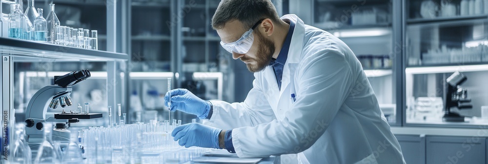 Aufkleber in a spacious laboratory, a scientist with protective goggles and gloves focuses on manipulating tes