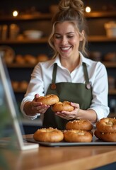 A smiling baker holds up a warm, crusty loaf of bread in a charming bakery filled with various baked goods. The atmosphere is inviting, highlighting morning freshness. Generative AI
