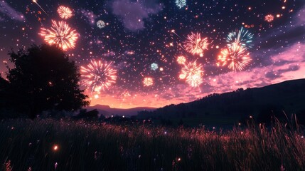 New Year 2025 fireworks exploding over a peaceful countryside under the stars