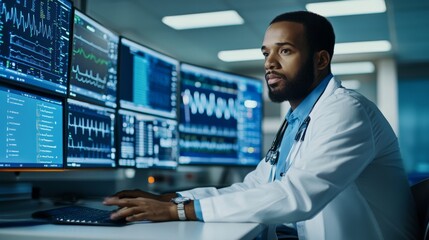 A healthcare professional analyzes data on multiple screens, showcasing the intersection of technology and medicine in a clinical environment.