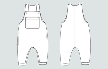 Bodysuit dungaree technical drawing fashion flat sketch vector illustration template for kids
