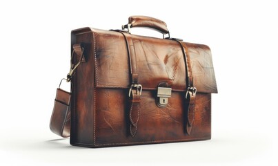 Classic leather briefcase, white background, 4K hyperrealistic photo