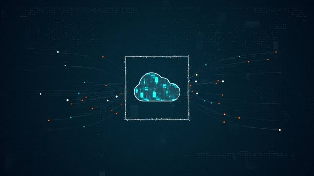 Motion graphic of Blue digital cloud computing logo with particles dot spread on abstract background with storage big data backup concepts