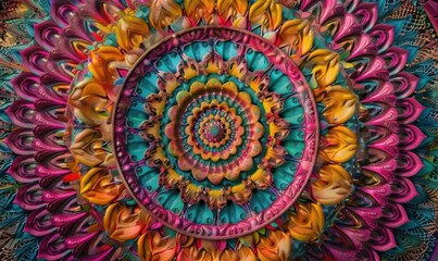 Obraz premium Intricate mandala pattern in vibrant colors, 4K hyperrealistic photo.