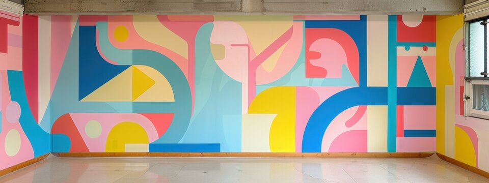 Vibrant wall mural, soft pastel hues, oversized geometric forms, creating a playful and inviting atmosphere in any space