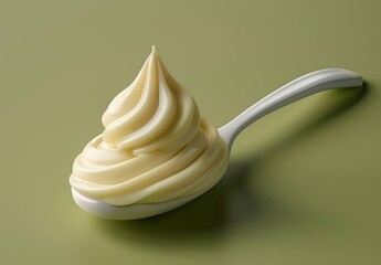 Glossy Spoon with Mayonnaise on Vibrant Green Background Display.