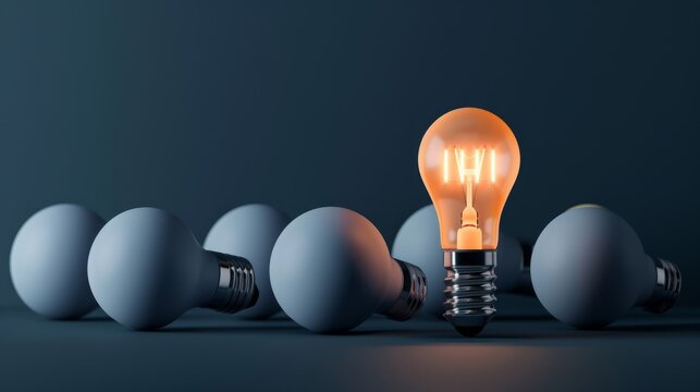 Glowing Light Bulb Among Others Symbolizing Creativity and Innovation.