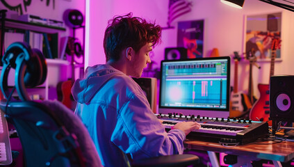 A young man sits at a computer in his home studio working on music