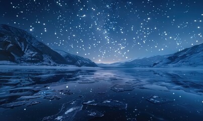 Fototapeta premium Frozen lake reflecting a starry night sky, 4K hyperrealistic photo