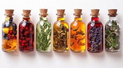 Assorted herbal oils in glass bottles with cork stoppers.