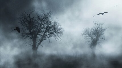Foggy Woodland with Bare Trees and Silhouetted Birds