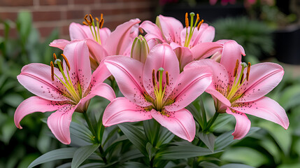 Blooming pink lilies in a well-maintained garden during spring, showcasing their vibrant petals and lush green leaves