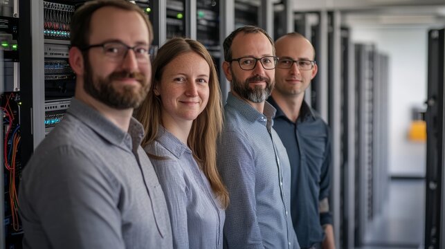 A group of four IT professionals poses confidently in a modern server room, surrounded by technology and network equipment.