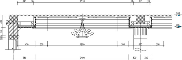 Vector sketch illustration of the silhouette of the architectural engineering design of the interior of the ceiling of a vintage classic house with a size scale