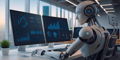 Futuristic Humanoid in High-Tech Office Setting